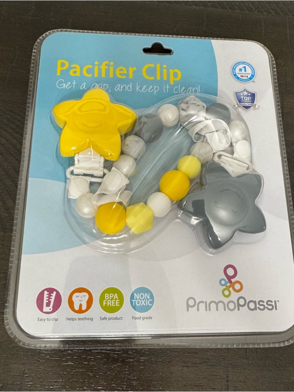New Pacifier Clip Primopassi Yellow & Gray Star New Baby item 3 in 1